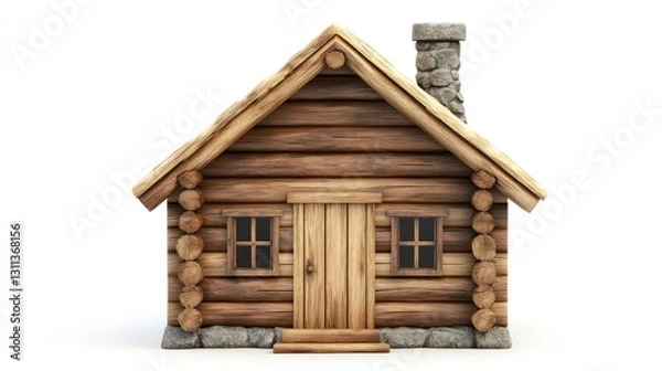 Fototapeta 3D Wooden Cabin Front View, Isolated Background. Potential Stock Use