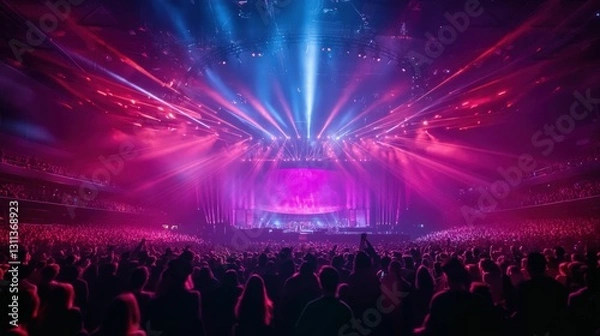 Fototapeta Scenic view of a lively concert scene with colorful lighting and a cheering audience, dynamic and vibrant, cultural and festive