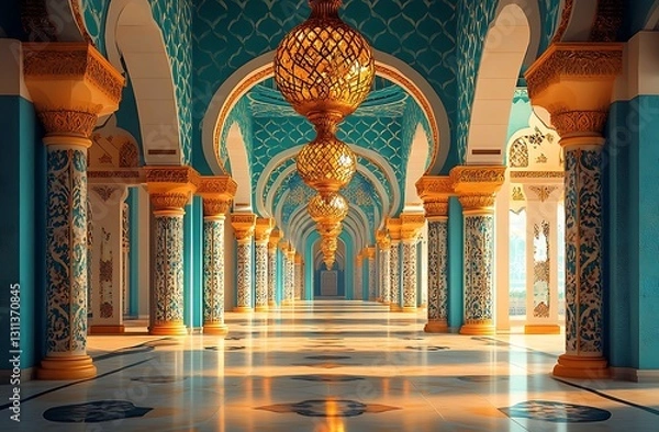 Fototapeta Ornate Corridor with Intricate Arches and Gold Chandeliers
