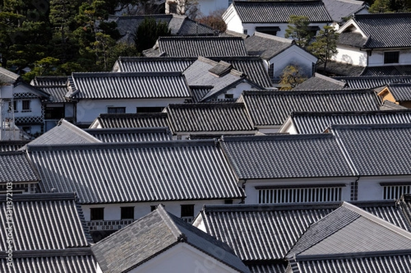 Fototapeta View over the tiled rooftops in Kurashiki, Japan
