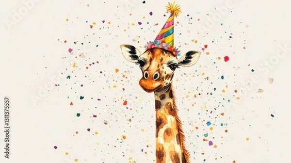 Fototapeta A giraffe with a party hat on its head