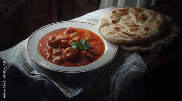 Fototapeta Spicy stew in a bowl, garnished with herbs, served with flatbread