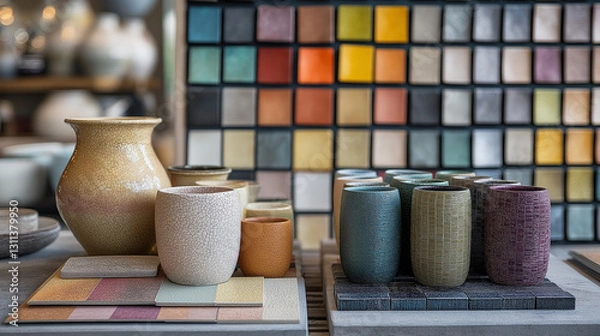 Obraz A vibrant display of ceramic vases and textured cups, arranged alongside colorful glaze samples. The intricate crackle and matte finishes highlight artisanal craftsmanship, offering a rich palette of 