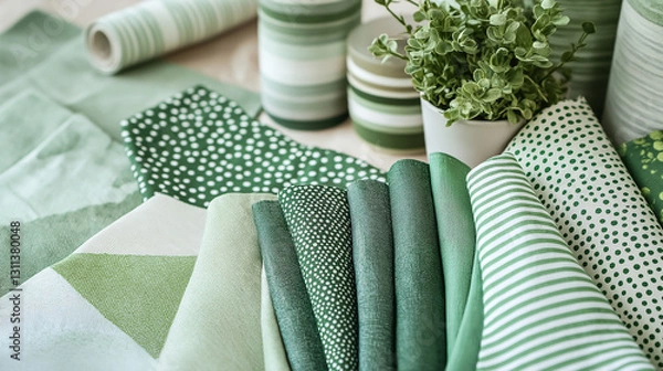 Obraz A close-up view of green fabric samples in various patterns, including polka dots, stripes, and geometric designs. The rich textures and deep hues create a visually appealing display, perfect for text