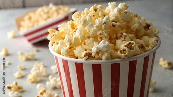 Fototapeta Freshly Popped Popcorn in Red and White Striped Container