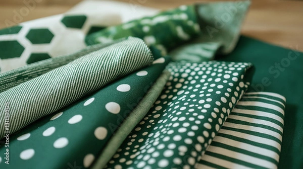 Obraz A close-up view of green fabric samples in various patterns, including polka dots, stripes, and geometric designs. The rich textures and deep hues create a visually appealing display, perfect for text