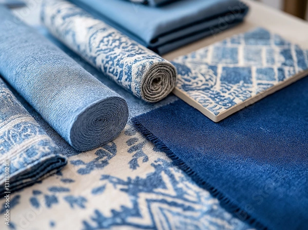 Obraz A beautifully arranged selection of blue fabric samples and tiles, featuring intricate patterns and woven textures. The mix of deep navy and soft pastel blues creates a sophisticated and elegant desig
