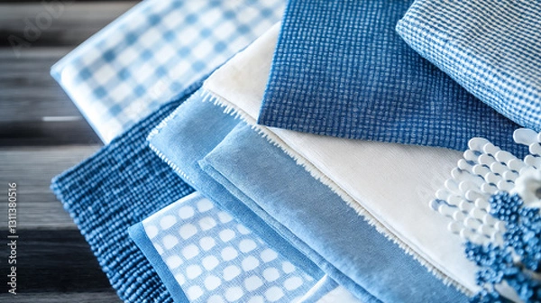 Obraz "A carefully arranged selection of blue and white fabric samples in various textures and patterns. The combination of woven, velvet, and printed textiles creates a refined, coastal-inspired palette pe