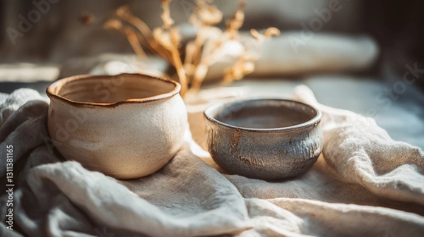 Obraz Two handcrafted ceramic bowls with organic shapes, resting on soft linen fabric in warm, golden light. The natural textures and earthy tones evoke a rustic, minimalist aesthetic, perfect for artisanal