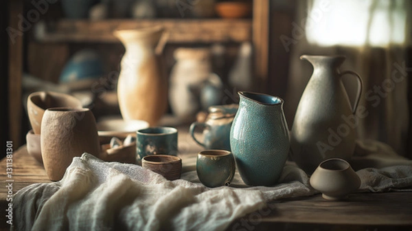 Obraz A rustic collection of handcrafted ceramic vessels, cups, and jugs arranged on a wooden table with soft linen fabric. The warm, earthy tones and crackled turquoise glaze create a cozy, artisanal atmos