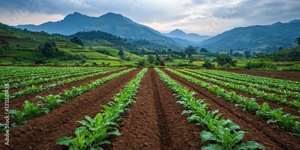 Fototapeta Ecological impact climate recovery concept. Lush green fields with mountains in the background under a cloudy sky.