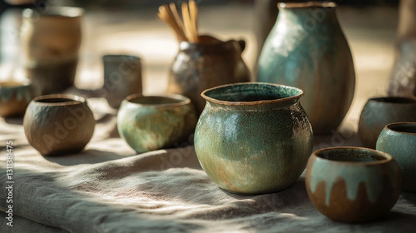 Fototapeta A collection of handcrafted ceramic vessels with rich turquoise and earthy brown glazes, displayed on a textured linen cloth. Sunlight casts warm shadows, highlighting the organic shapes and artisanal