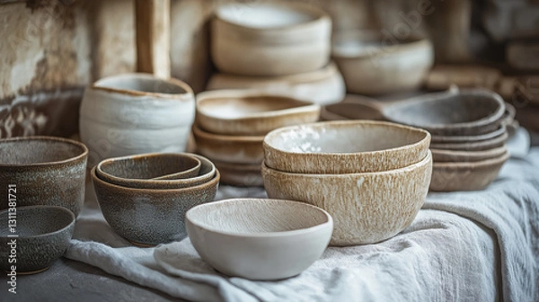 Obraz A rustic collection of handmade ceramic bowls and plates in earthy tones, arranged on a soft linen cloth. The organic shapes and textured glazes reflect artisanal craftsmanship, evoking a warm and nat