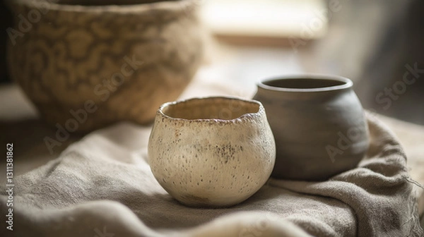 Obraz Two handcrafted ceramic pots with organic, uneven textures rest on a soft linen cloth. The earthy tones and natural imperfections evoke a rustic, artisanal charm, creating a warm and timeless aestheti