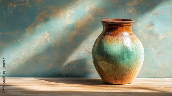Obraz A handcrafted ceramic vase with a glossy turquoise and earthy brown glaze, sitting on a rustic wooden surface. Sunlight and soft shadows create a warm, artistic atmosphere, emphasizing the rich textur