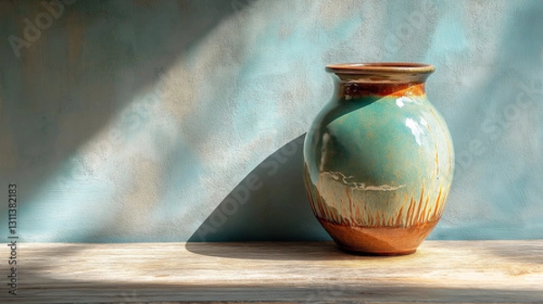 Obraz A handcrafted ceramic vase with a glossy turquoise and earthy brown glaze, sitting on a rustic wooden surface. Sunlight and soft shadows create a warm, artistic atmosphere, emphasizing the rich textur