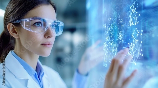 Fototapeta Woman Interacts With Futuristic Digital Interface Screen