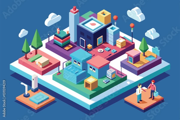 Fototapeta A vibrant isometric city layout shows buildings, trees, and people interacting in a playful environment, Post Customizable Isometric Illustration