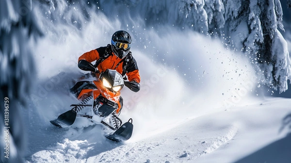 Obraz Pro snowmobiler in deep powder drift-2