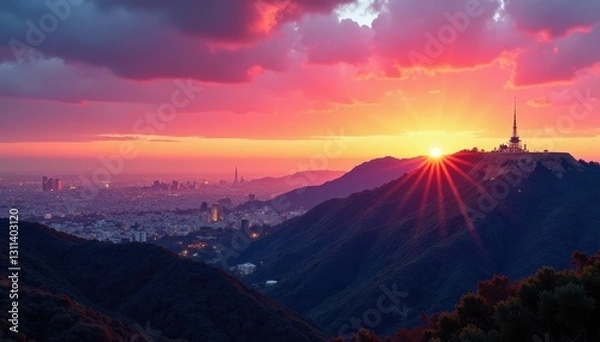 Obraz Iconic Hollywood hills panorama, vibrant sunset glow, colorful, element