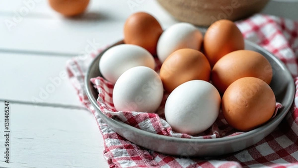 Fototapeta Charming Collection of White and Brown Chicken Eggs in Rustic Plate for Organic Food Marketing and Culinary Use