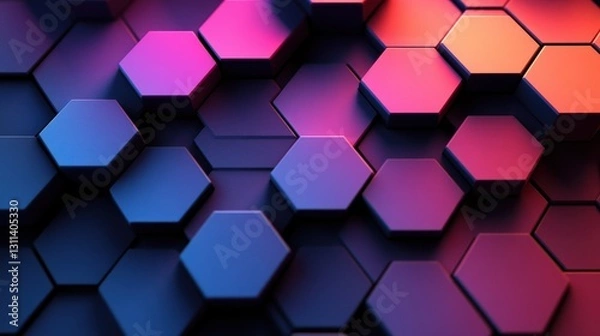 Fototapeta Abstract 3D Hexagon Pattern Background Pink, Purple, Blue and Orange Gradient