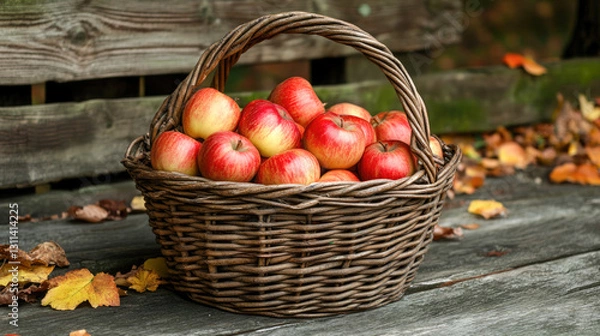 Fototapeta Rustic basket of red apples on wooden bench with autumn leaves