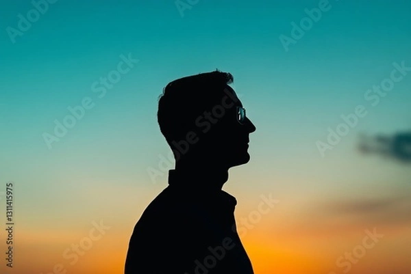 Fototapeta A man is standing in the middle of a blue sky with a sunset in the background