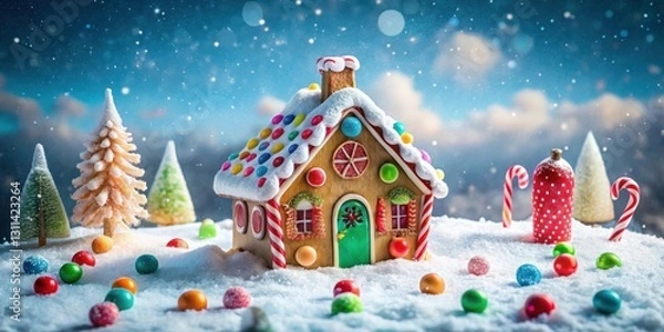 Fototapeta A whimsical gingerbread house nestled in a snowy landscape, adorned with colorful candies and miniature frosted trees, creating a festive winter scene.