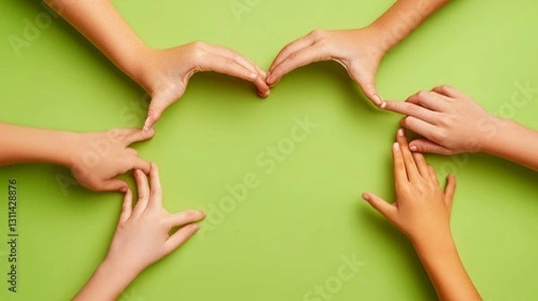Fototapeta Various young hands, forming a heart shape on a plain chartreuse background