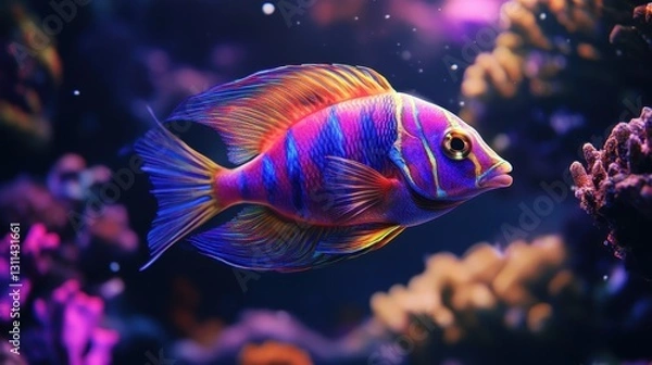 Fototapeta A stunning reef fish perfectly adapted to its environment, its body blending seamlessly with the coral, demonstrating nature genius in survival strategies and mimicry.