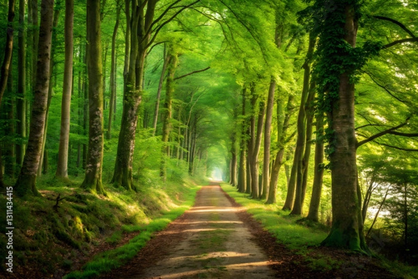 Fototapeta Serene Forest Path with Sunlight Filtering Through Lush Green Trees