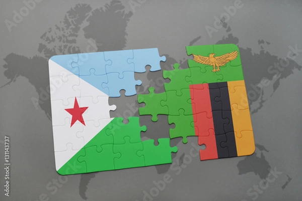Fototapeta puzzle with the national flag of djibouti and zambia on a world map