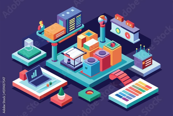 Obraz A vibrant isometric layout showcases various customizable product presentation elements for digital use, Product presentation Customizable Isometric Illustration