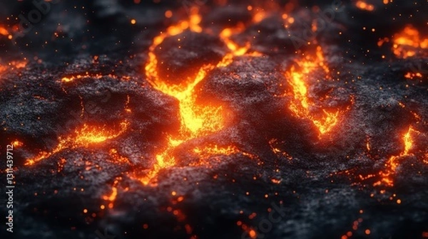 Fototapeta Closeup view of fiery orange and red lava flowing across a dark textured surface