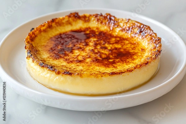 Fototapeta French creme brulee with crispy caramel crust served on stylish white plate