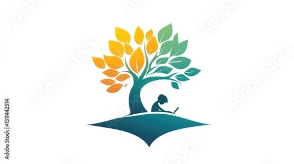 Fototapeta Child learning under tree, educational logo, abstract design, possible stock photo