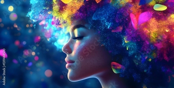 Fototapeta Ethereal Profile of a Beautiful Woman with Colorful Hair Made of Abstract Shapes and Vibrant Colors, Surreal Fantasy Scene