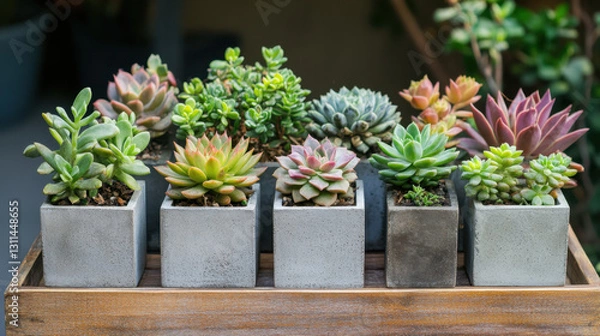Fototapeta A vibrant collection of various succulent plants thrives in square concrete pots, neatly arranged on a wooden table in a sunny garden. The colorful greens and pink hues create an inviting atmosphere
