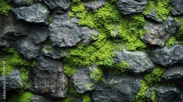 Obraz Dark Grey Stone Wall Covered With Bright Green Moss Texture
