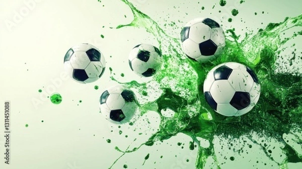 Fototapeta Floating soccer balls with green liquid splash in an energetic abstract sports composition on a bright background.
