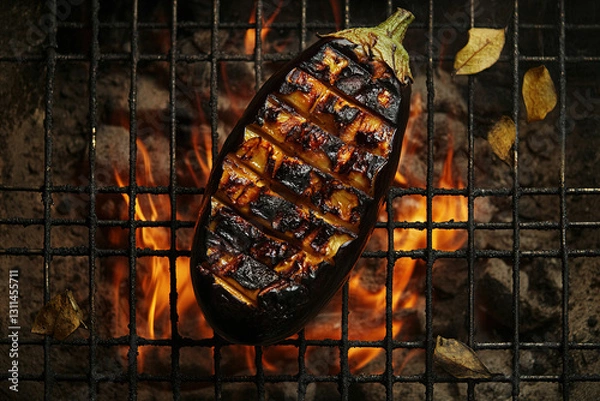 Obraz Close-up overhead shot of a grilled eggplant on a barbecue grill with flames visible beneath.