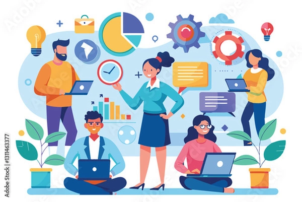 Obraz A team is engaged in project management planning discussions, utilizing laptops and visual aids to strategize, business woman and project planning, project management