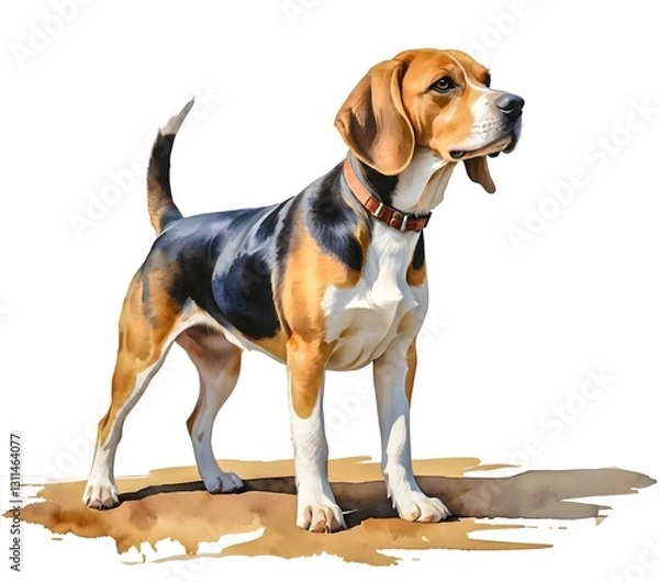 Obraz A charming watercolor painting of a Beagle dog ..The artwork showcases the dog s expressive eyes and unique tri color coat