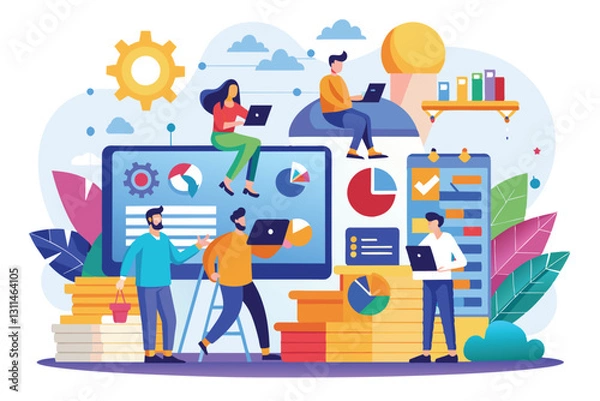 Fototapeta A colorful illustration shows various characters working on project stages with digital devices and charts, Project stages Customizable Flat Illustration