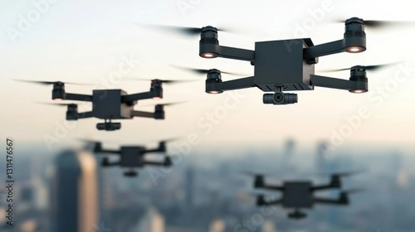 Fototapeta maintenance technical efficiency optimization concept. Drones flying over a city skyline at sunset.