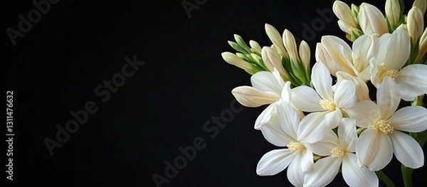 Obraz Clusters of white tuberose flowers and creamy buds against a black background with ample copy space on the right for text or design elements.