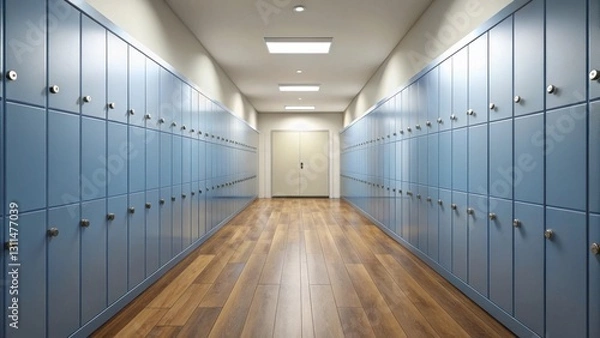 Fototapeta Serene perspective down a long corridor lined with rows of light blue lockers and a wood floor.