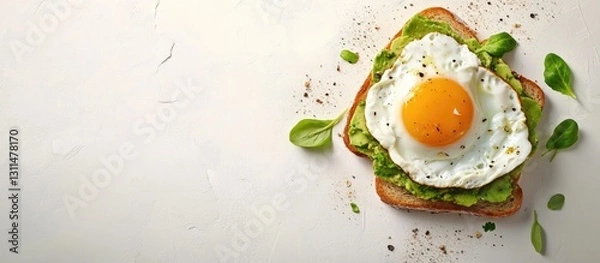 Obraz Avocado toast topped with a poached egg on golden bread, positioned centrally against a soft light background with space for text on top.