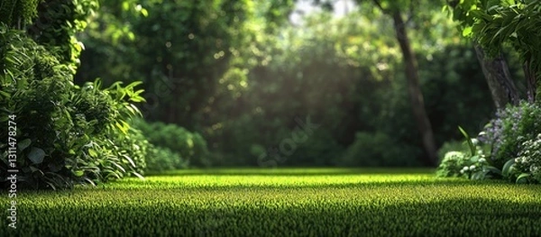Obraz Lush green garden with vibrant grass in the foreground and dense foliage framing the serene background under soft natural lighting.